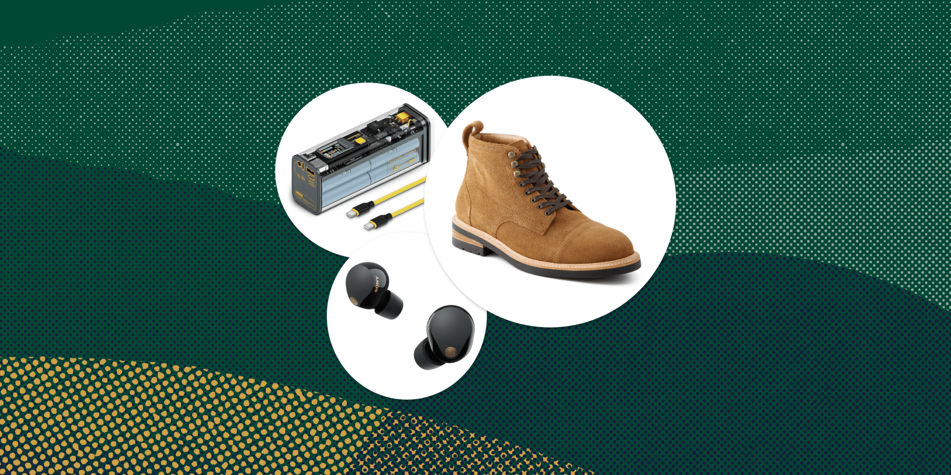 collage of a charger, a shoe, and earbuds