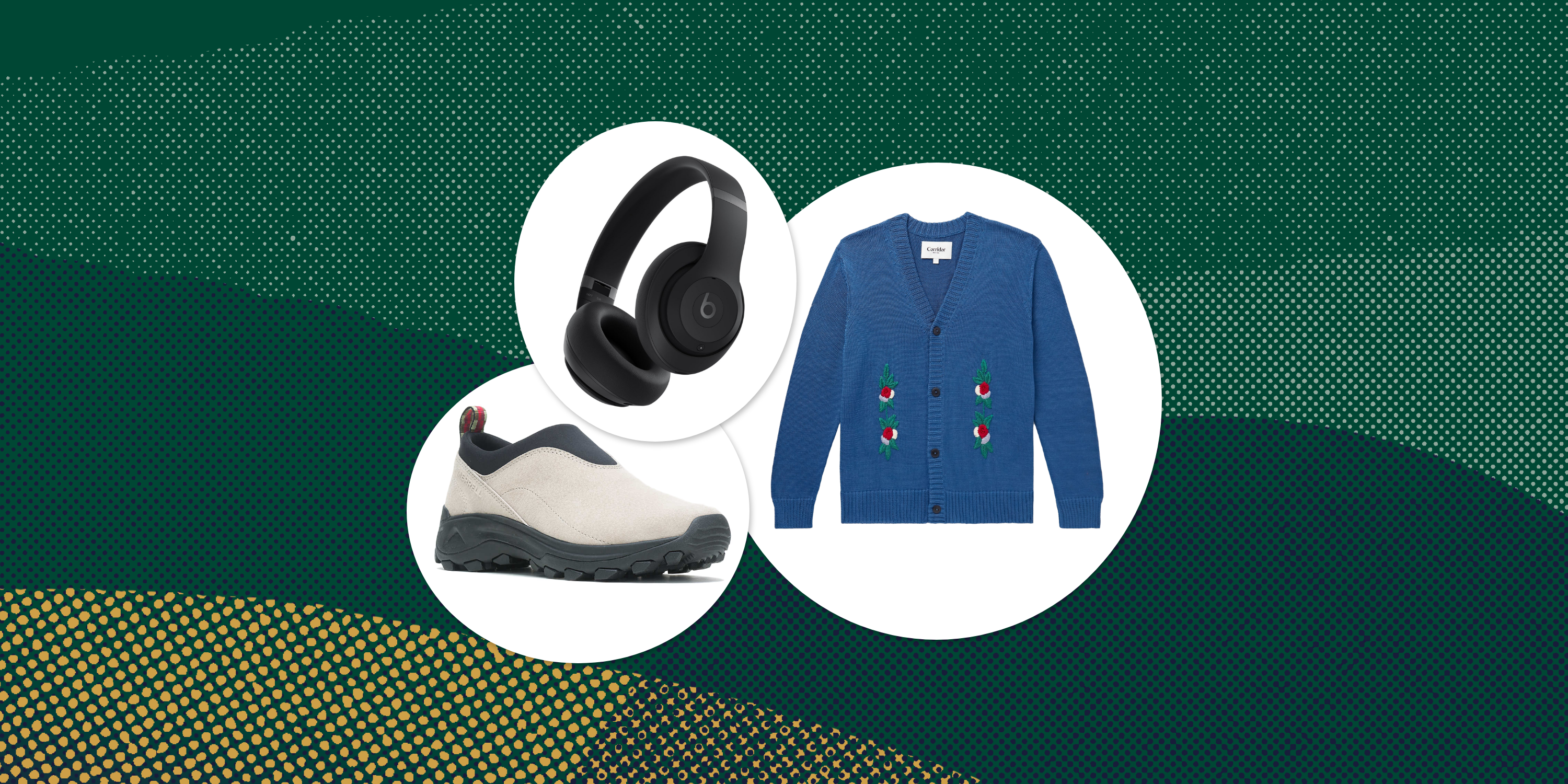 collage of headphones, a sweater, and a shoe