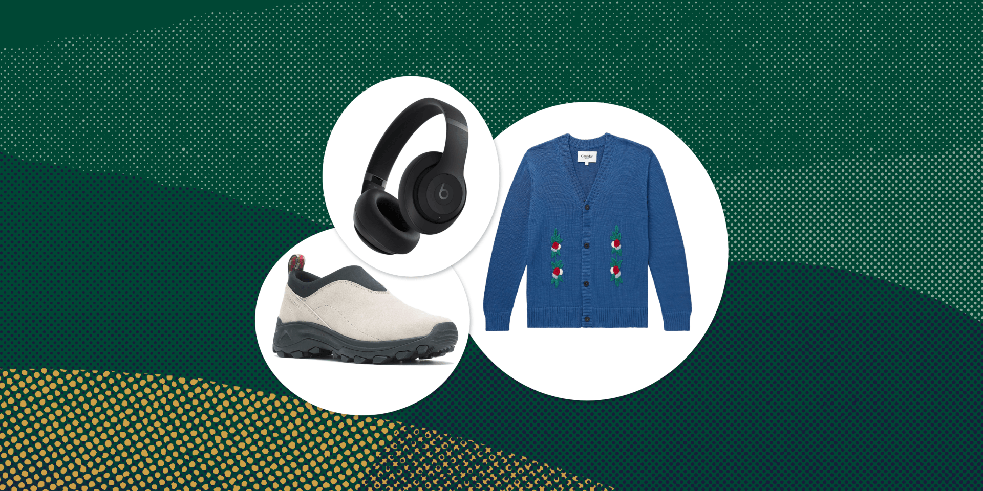 collage of headphones, a sweater, and a shoe