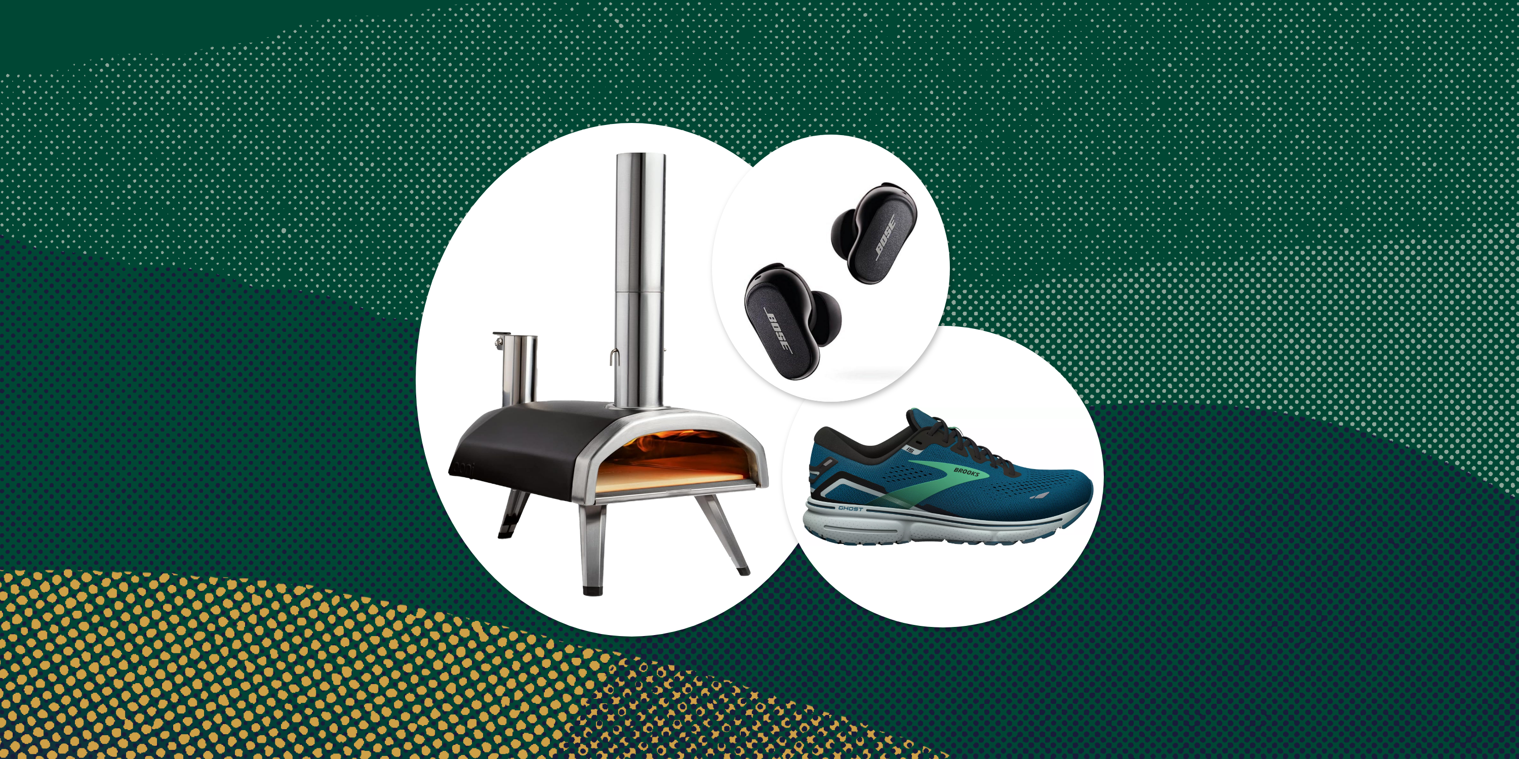 collage of a pizza oven, a shoe, and ear buds