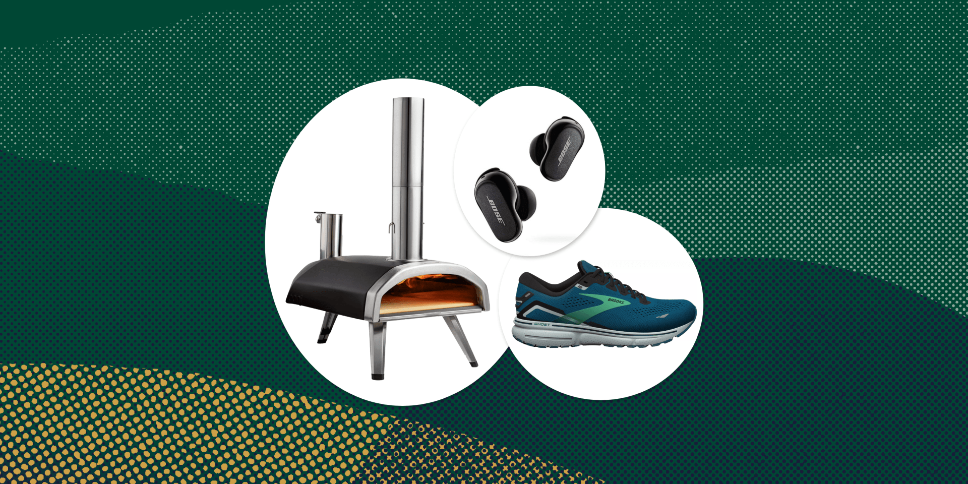 collage of a pizza oven, a shoe, and ear buds