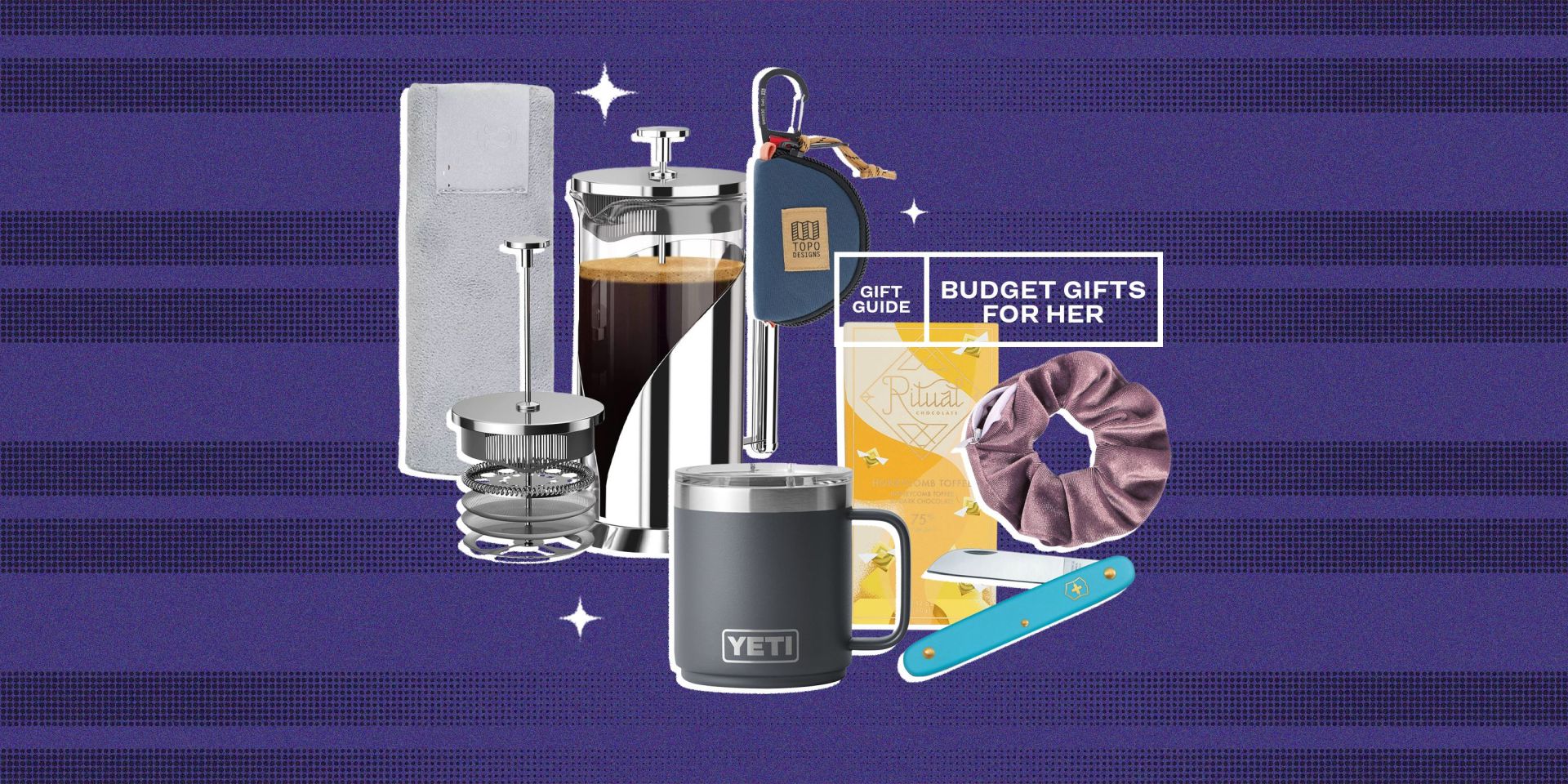 collage of a towel, a coffee maker, a mug, a purse, chocolate, a scrunchie and a pocket knife
