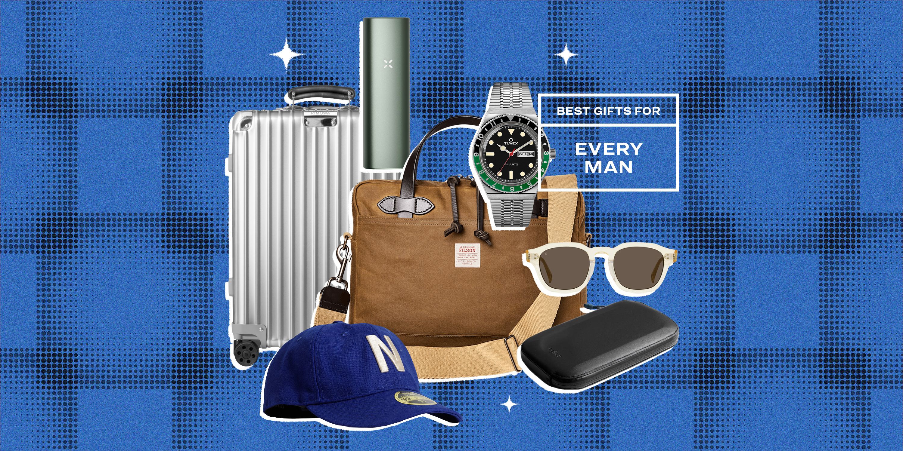 collage of a suitcase, a vape, a watch, a hat, sunglasses, and a bag