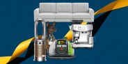 a collage of a couch, a dog sitting next to a vacuum cleaner, a fan, and an espresso machine