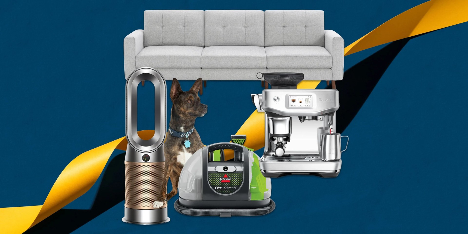 a collage of a couch, a dog sitting next to a vacuum cleaner, a fan, and an espresso machine