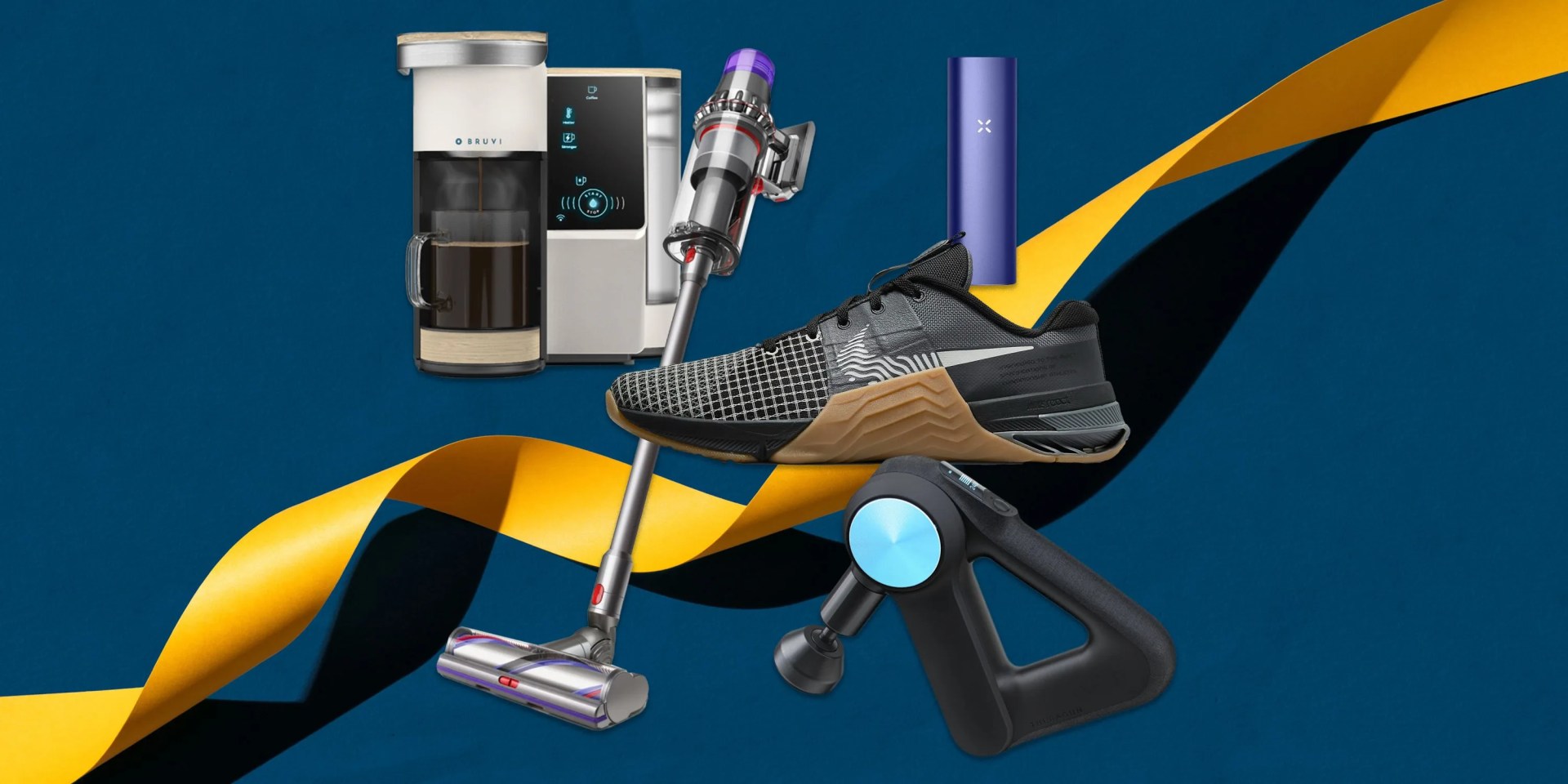collage of a coffee maker, a vacuum, a shoe, a massage gun, and a vape