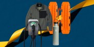 a collage of a jacket, an ev charger, a water bottle and a safety recovery board