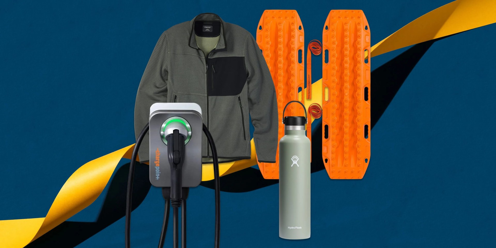 a collage of a jacket, an ev charger, a water bottle and a safety recovery board