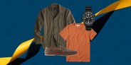 collage of a jacket, a tshirt, a watch, and a shoe