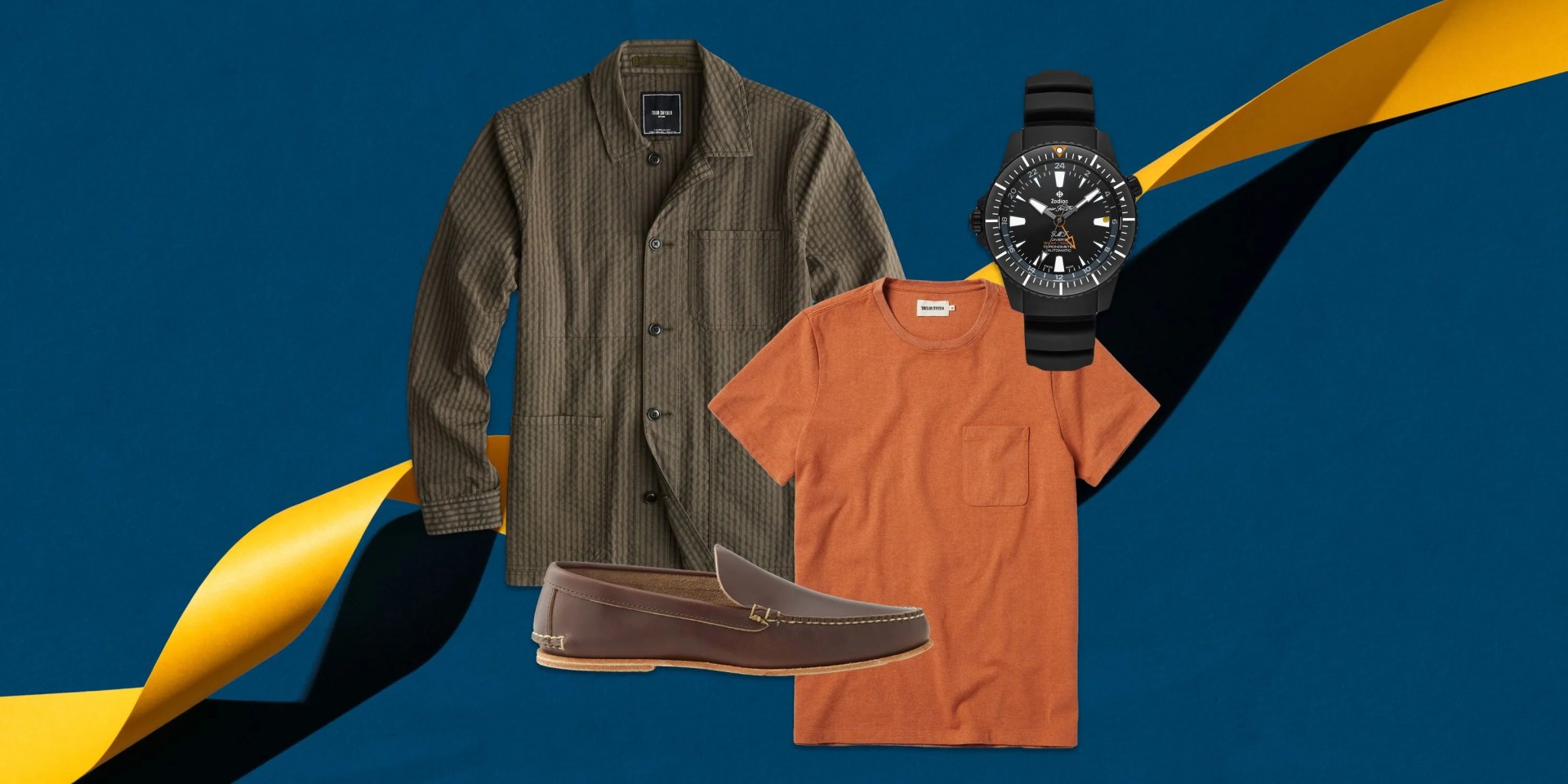 collage of a jacket, a tshirt, a watch, and a shoe