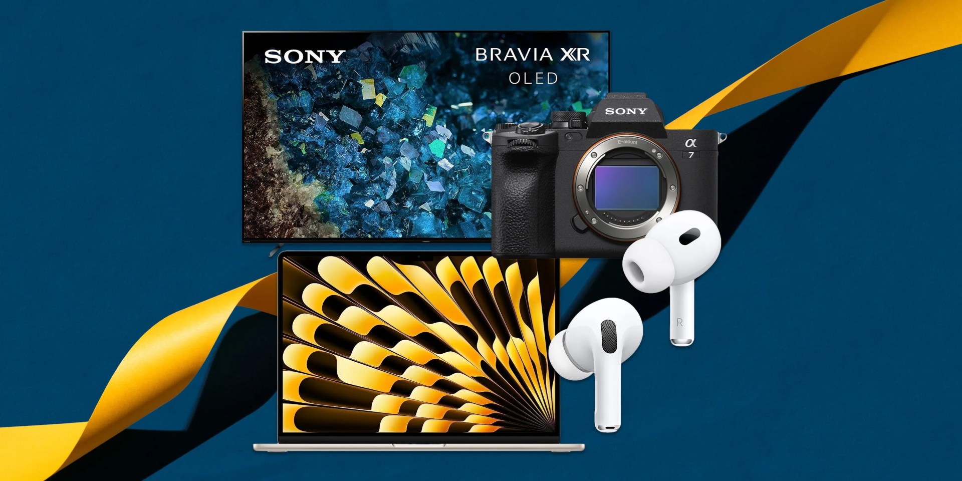 collage of a tv, a laptop, a camera, and earbuds