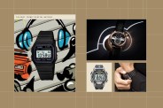 collage of digital watches on a grid background