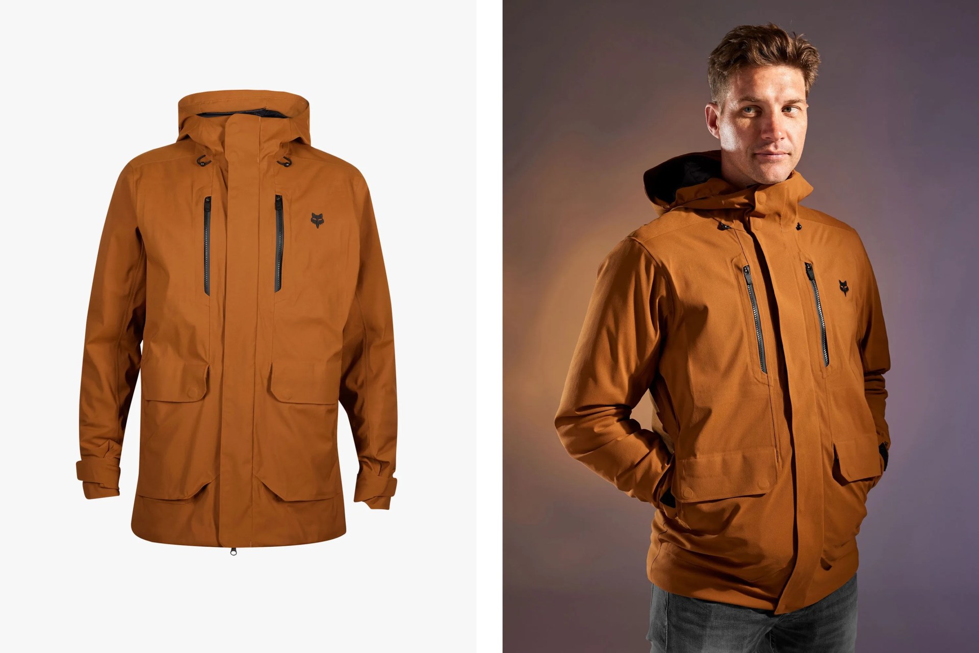 a man wearing a brown fox racing jacket