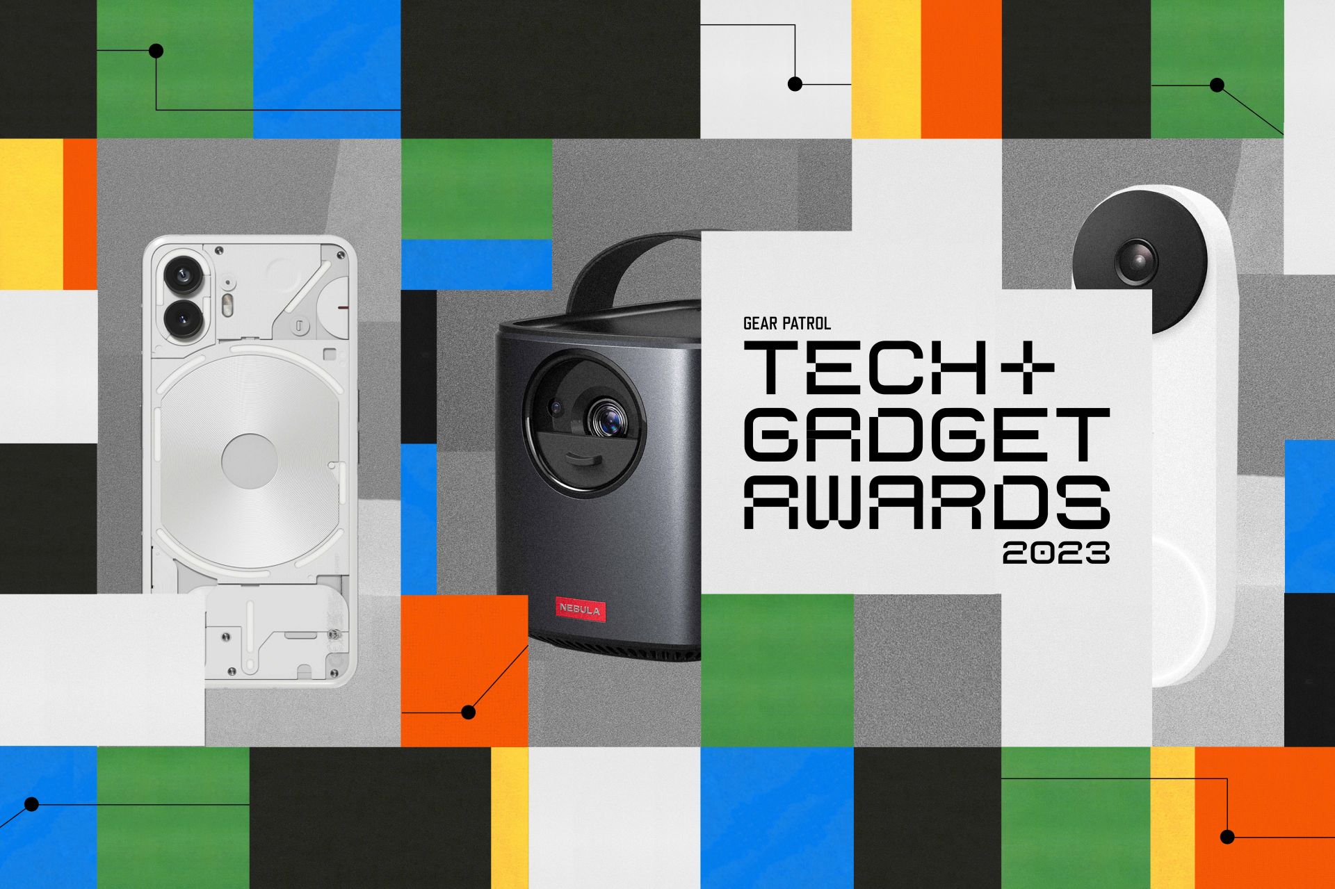 tech gadgets on colored squares