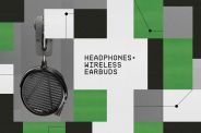 headphones  wireless earbuds headline with colored squares and a pair of headphones