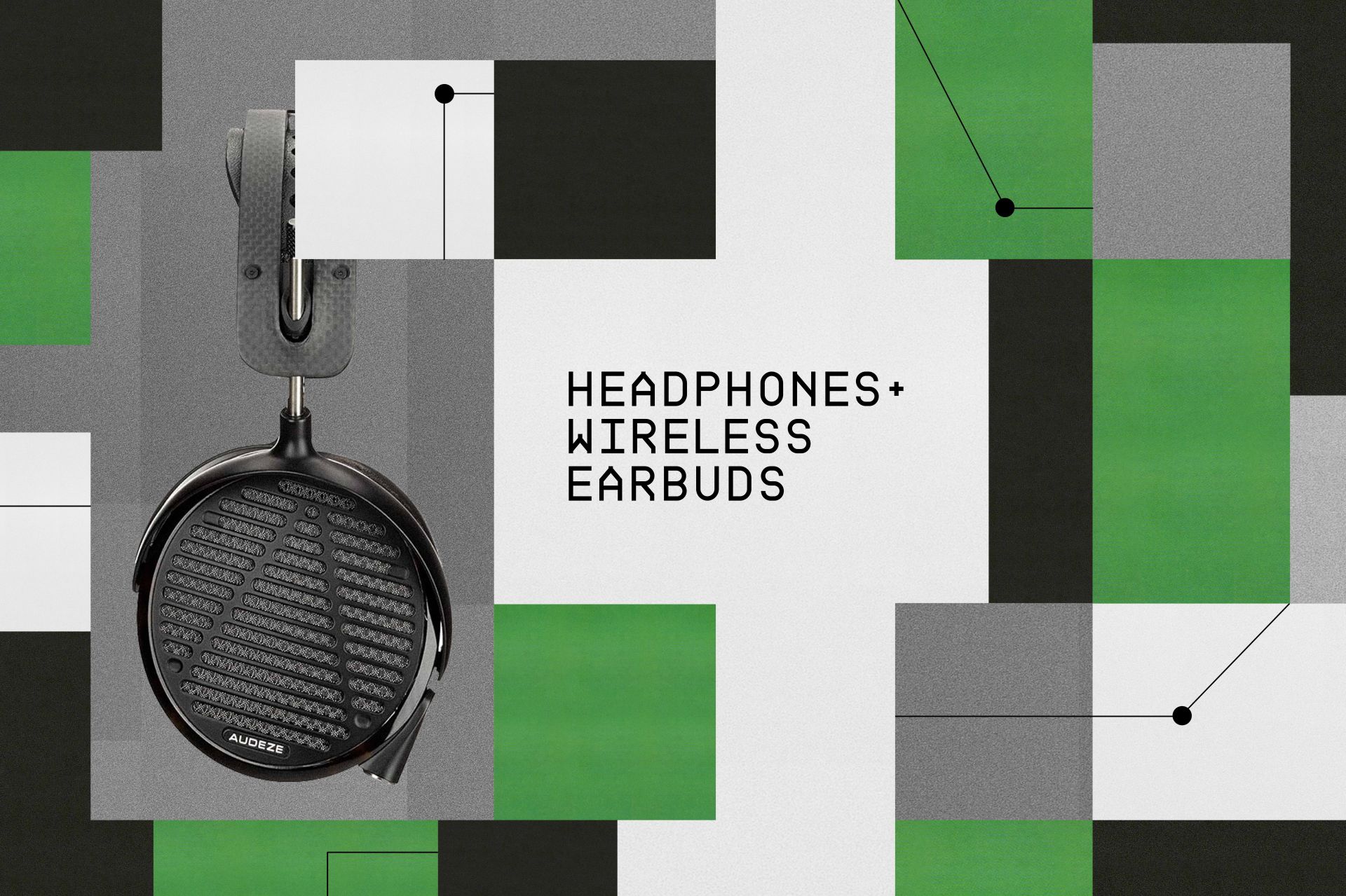 headphones  wireless earbuds headline with colored squares and a pair of headphones