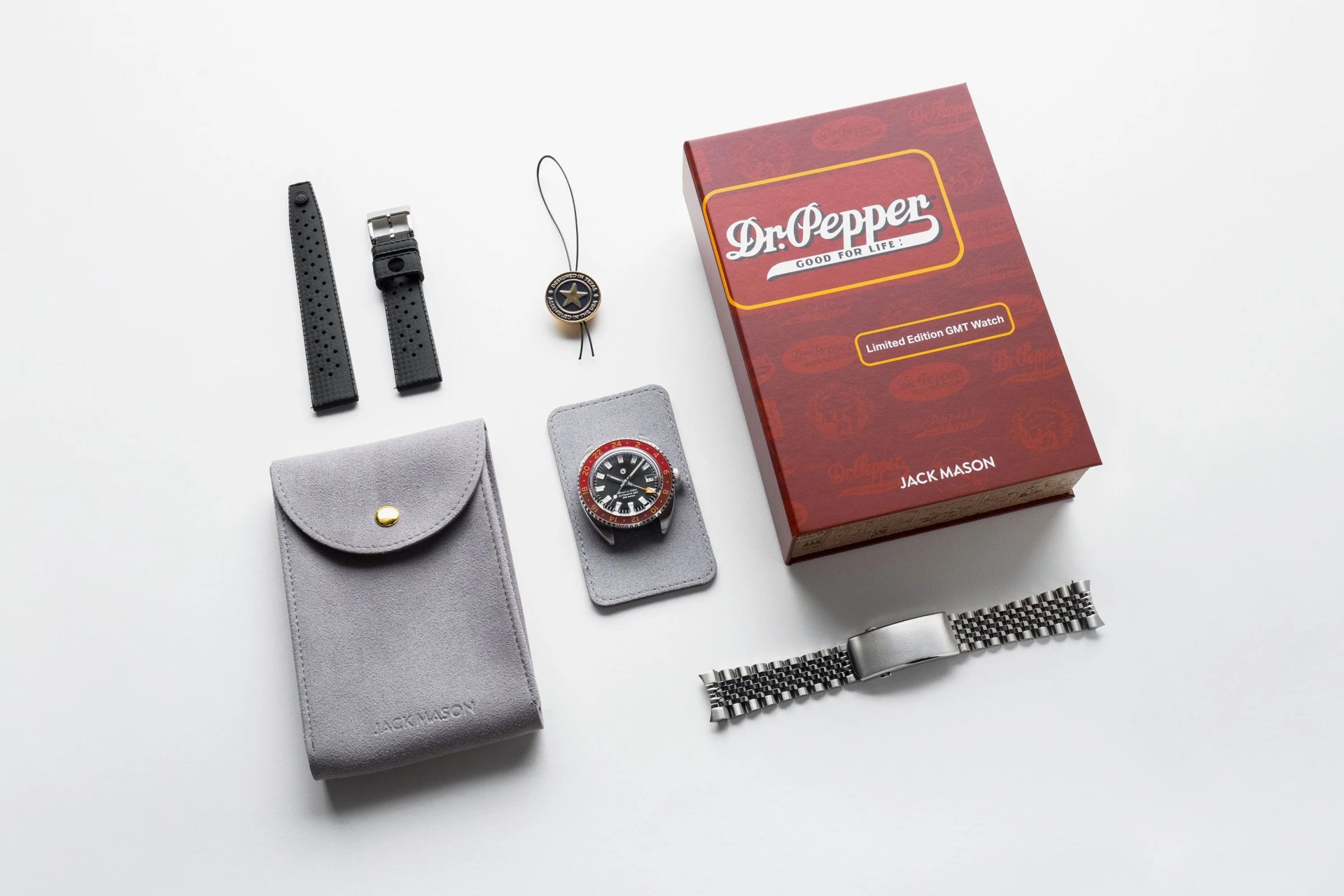 dr pepper book next to jack mason gmt watch