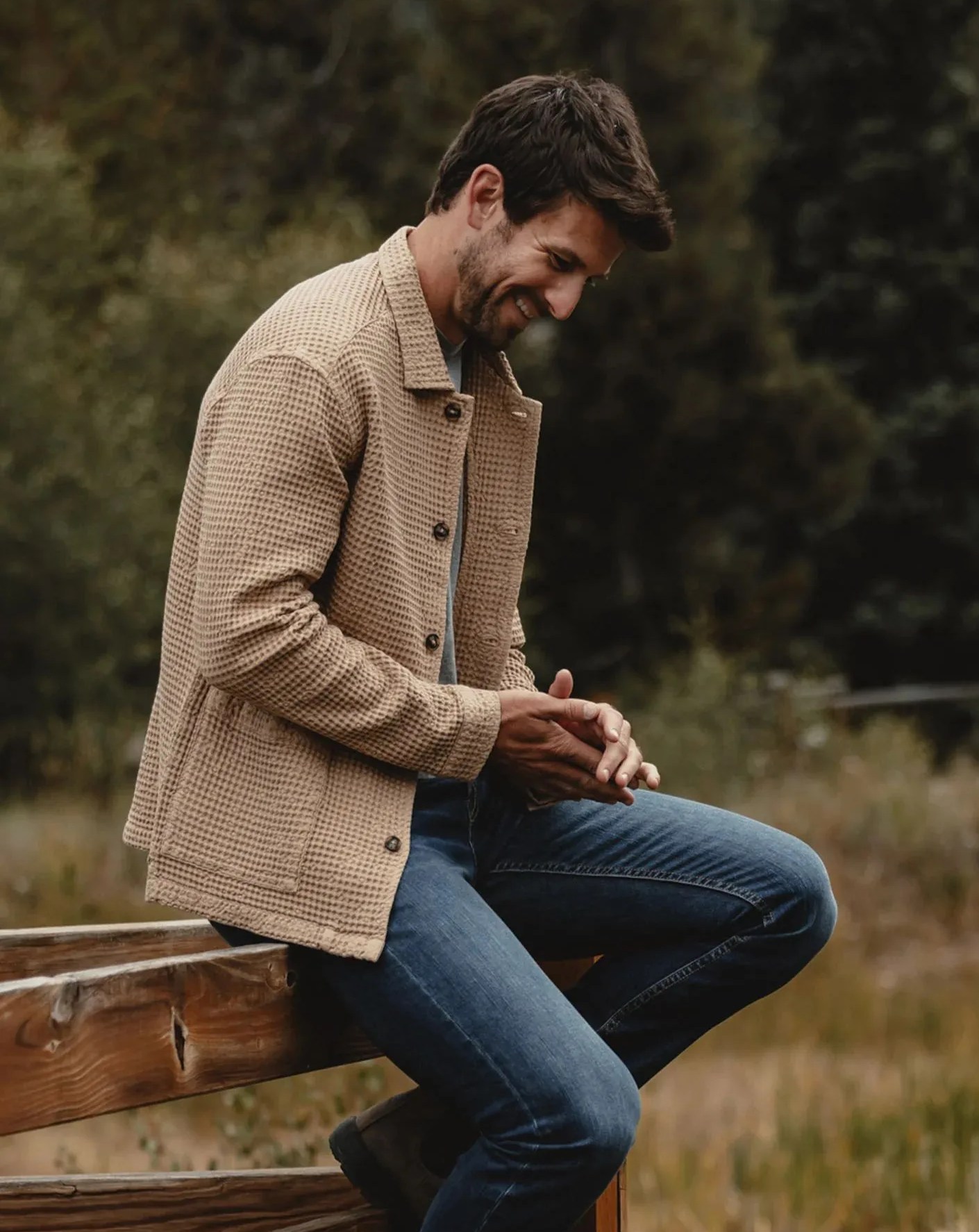 man wearing the normal brand mountain waffle chore coat
