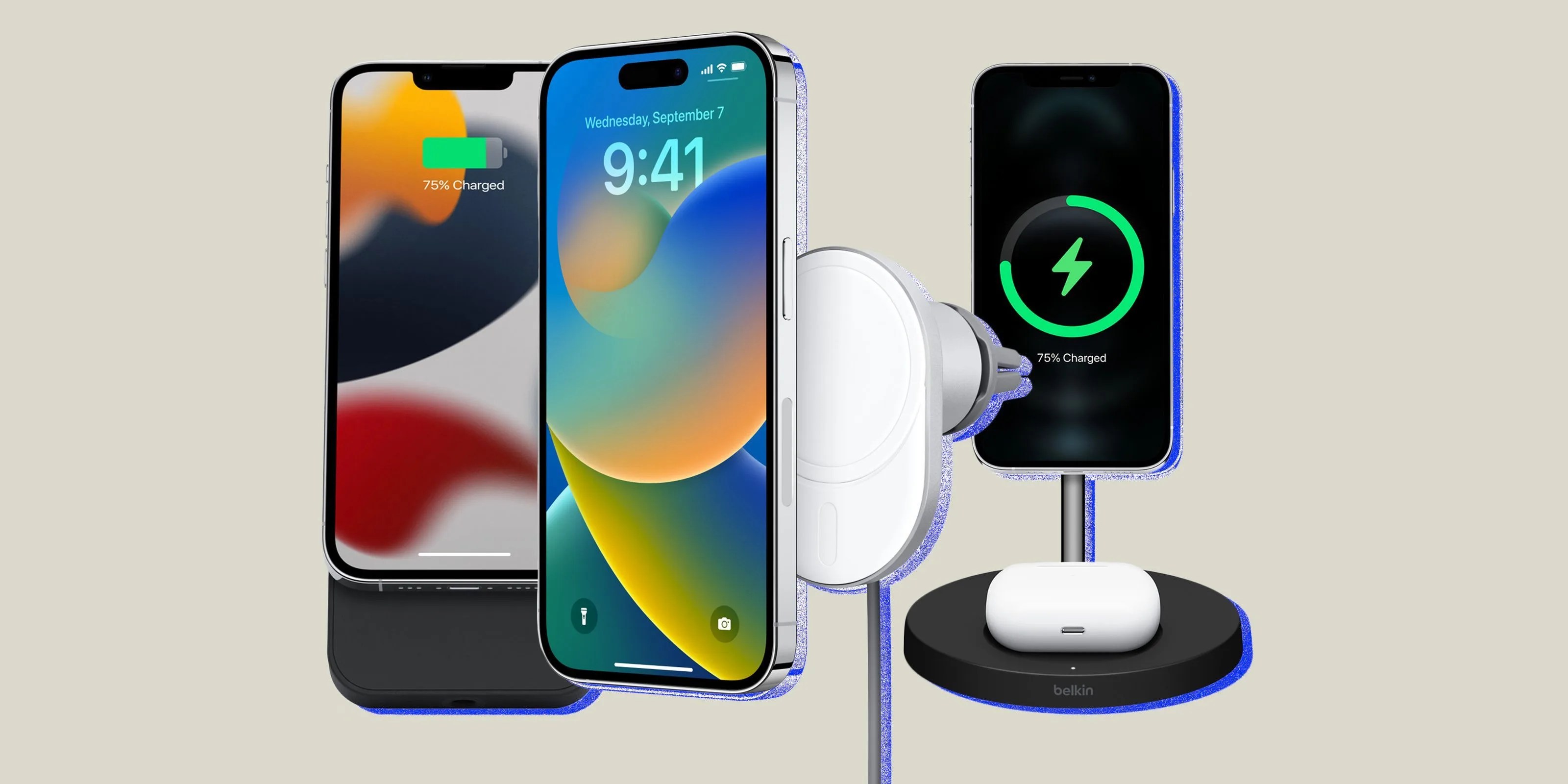 a group of iphones with magsafe chargers