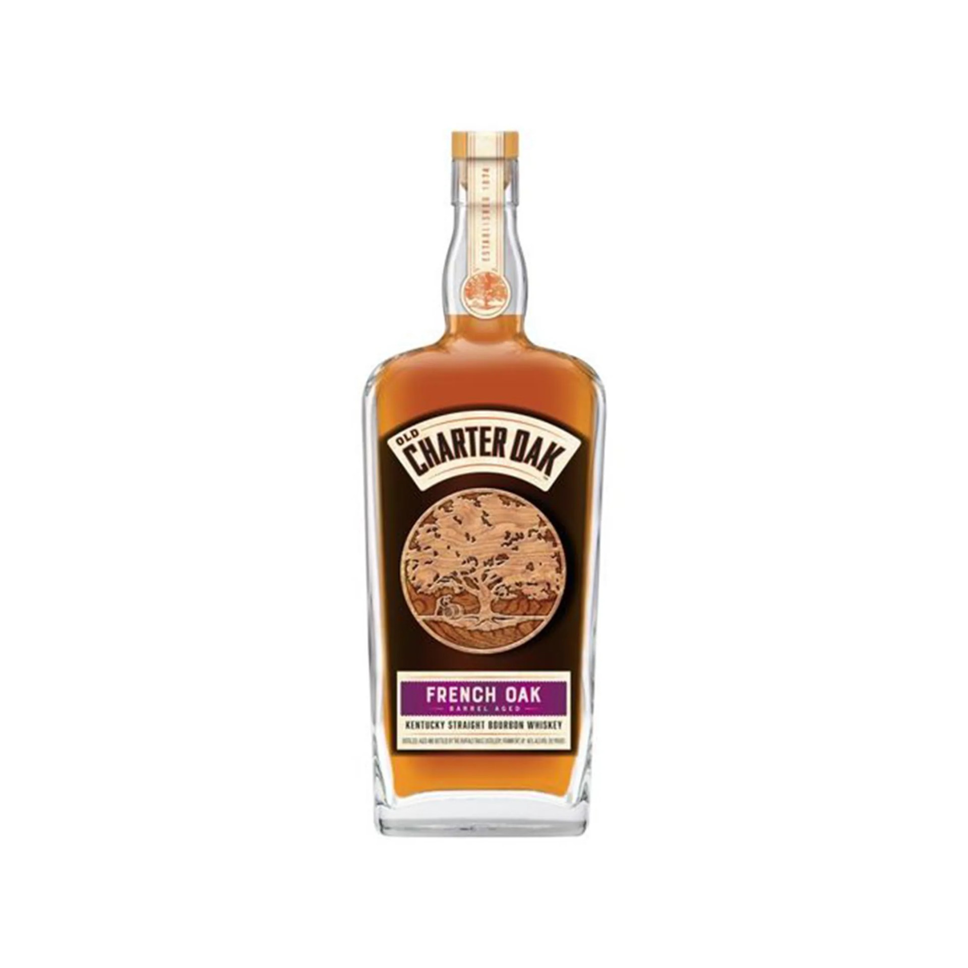 bottle of old charter oak whiskey