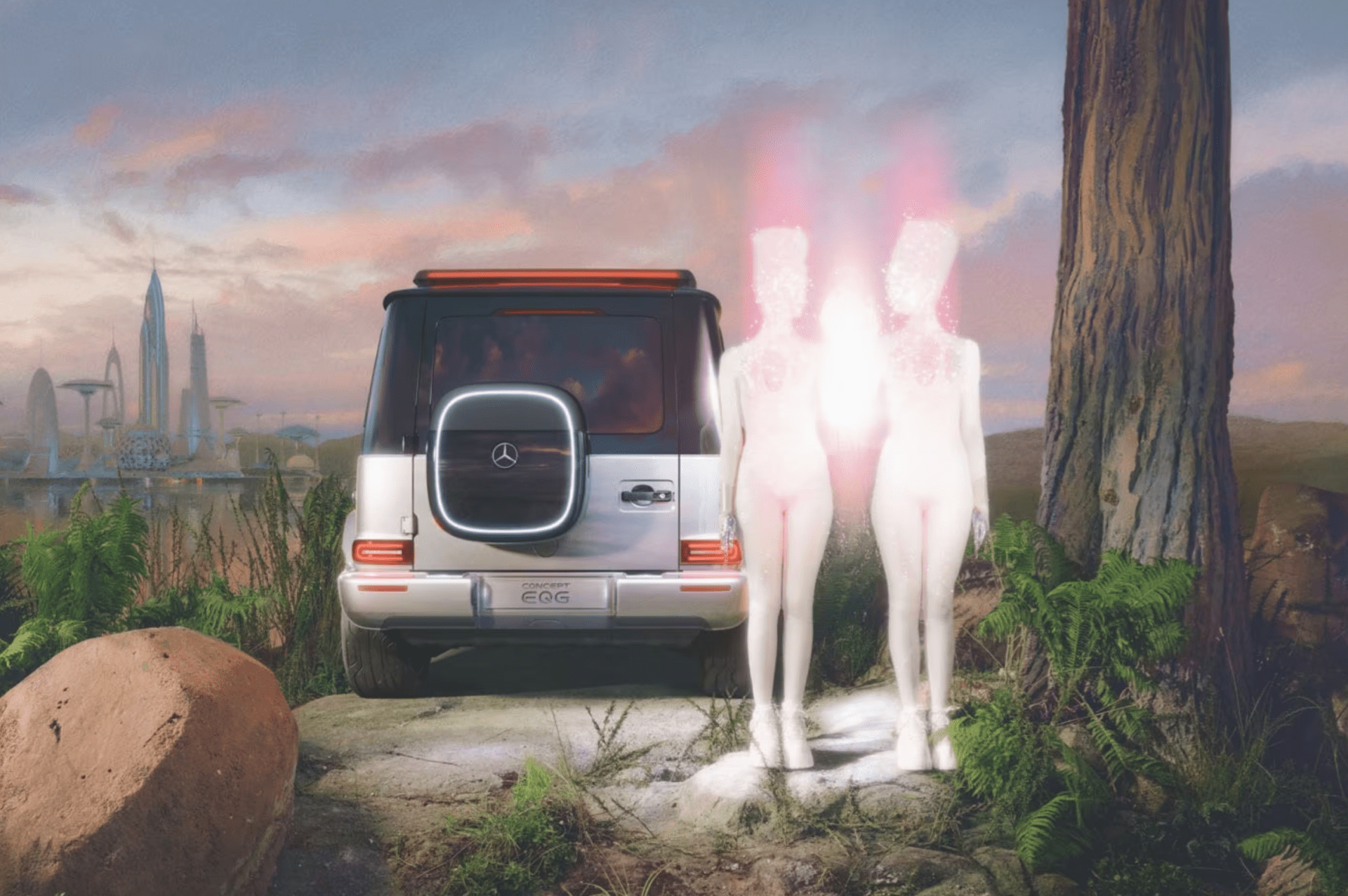 mercedes eqg concept with two radiating aliens standing next to it