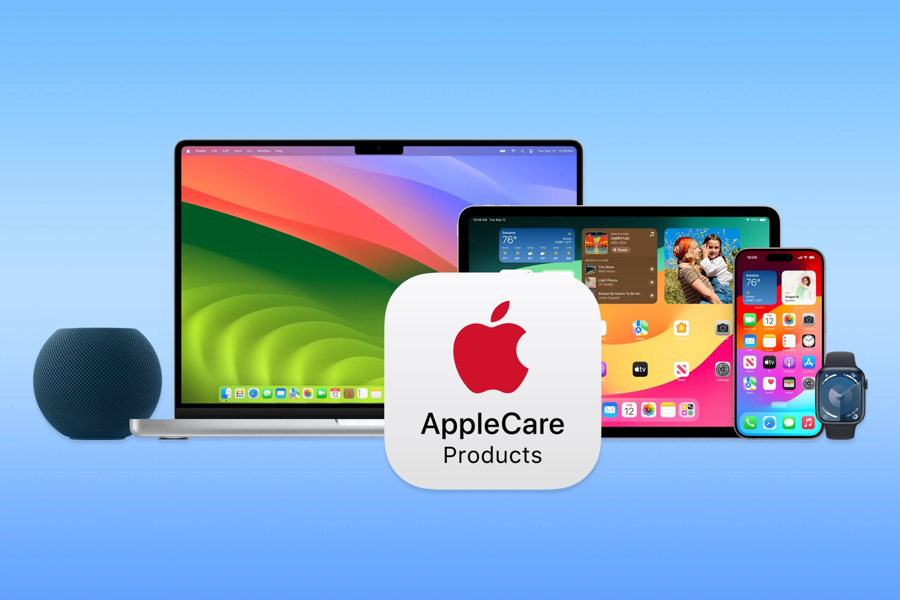 collection of apple products with an apple care badge