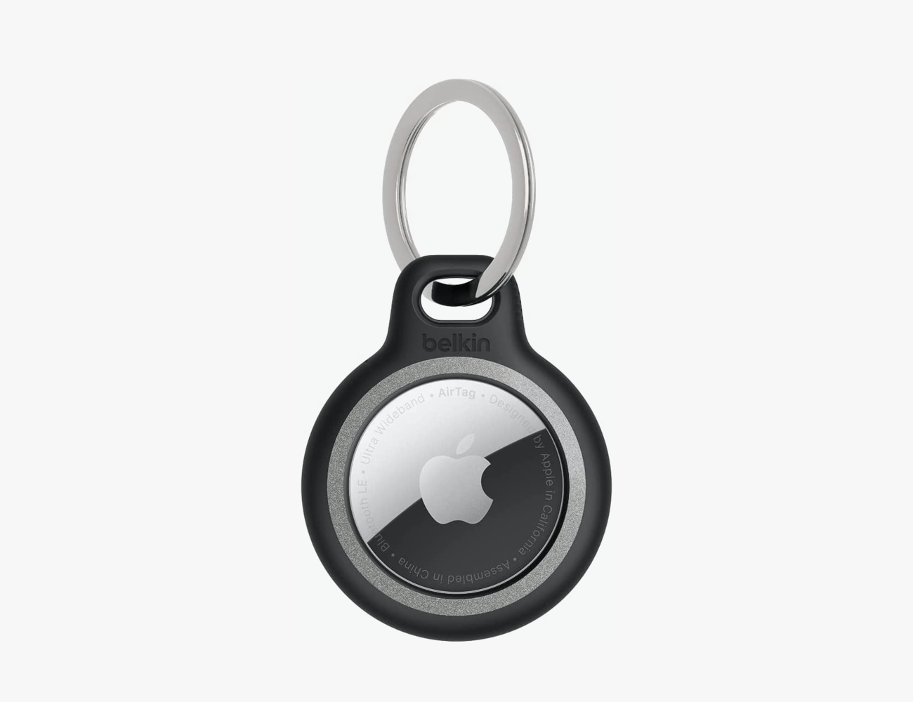 a black plastic airtag case on a white background