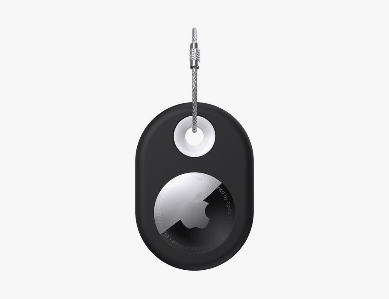 a black plastic airtag case on a white background
