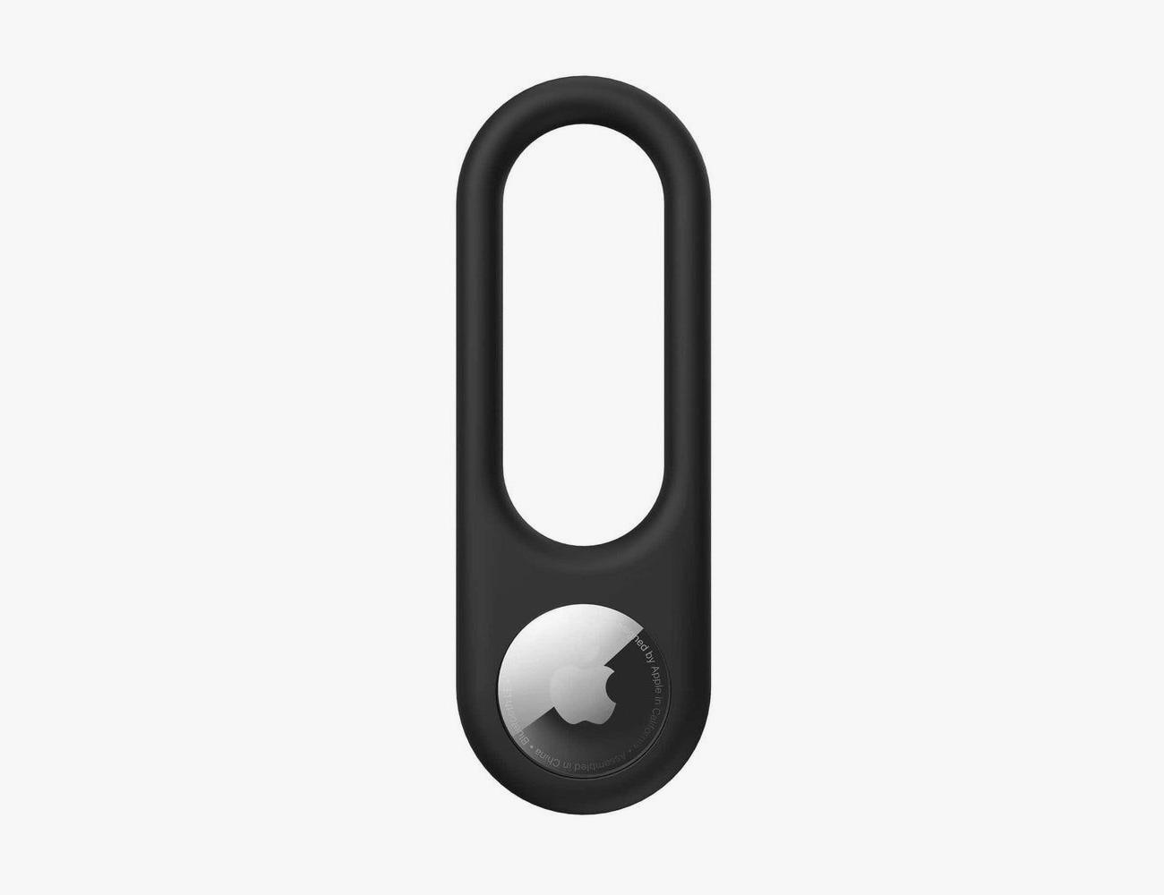 a black plastic airtag case on a white background