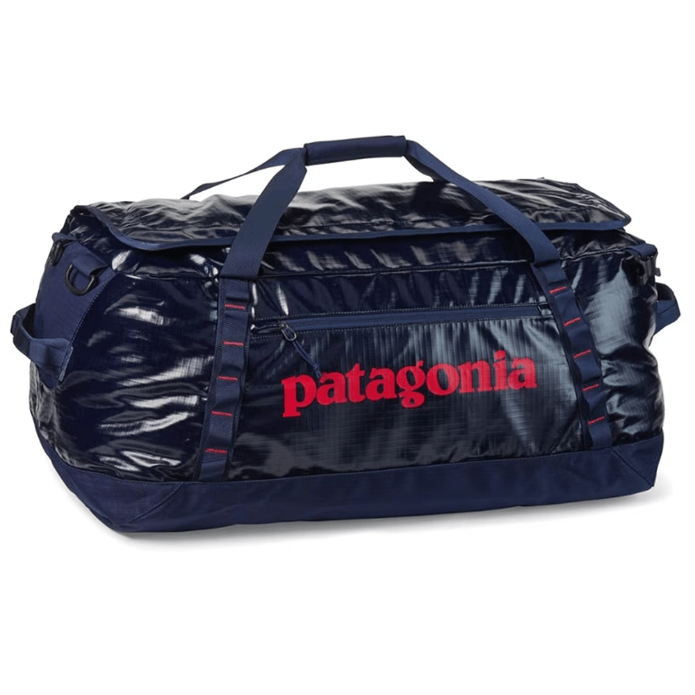 a black backpack with red text