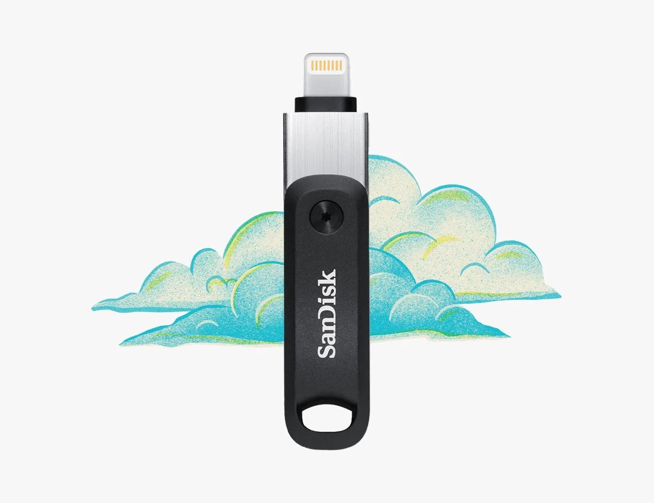 a usb drive with a cloud illustration in the background
