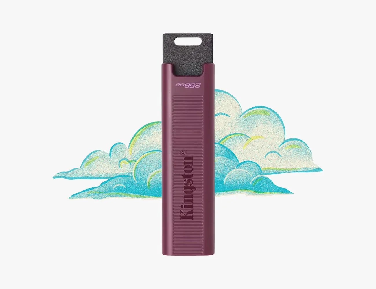a usb drive with a cloud illustration in the background