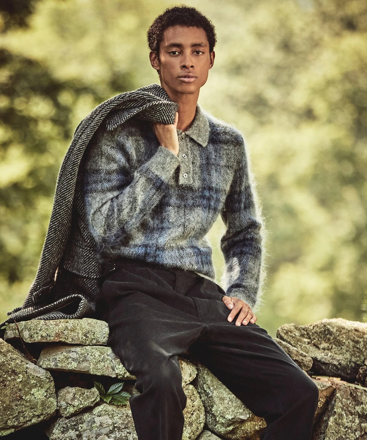 plaid mohair polo in vintage pewter