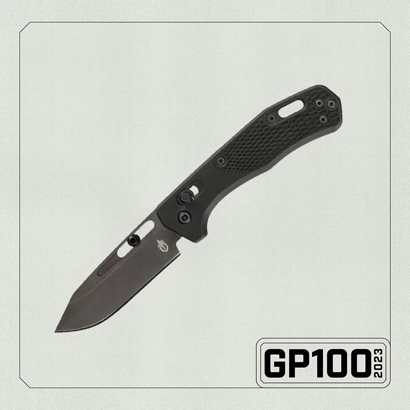 a knife with a black handle