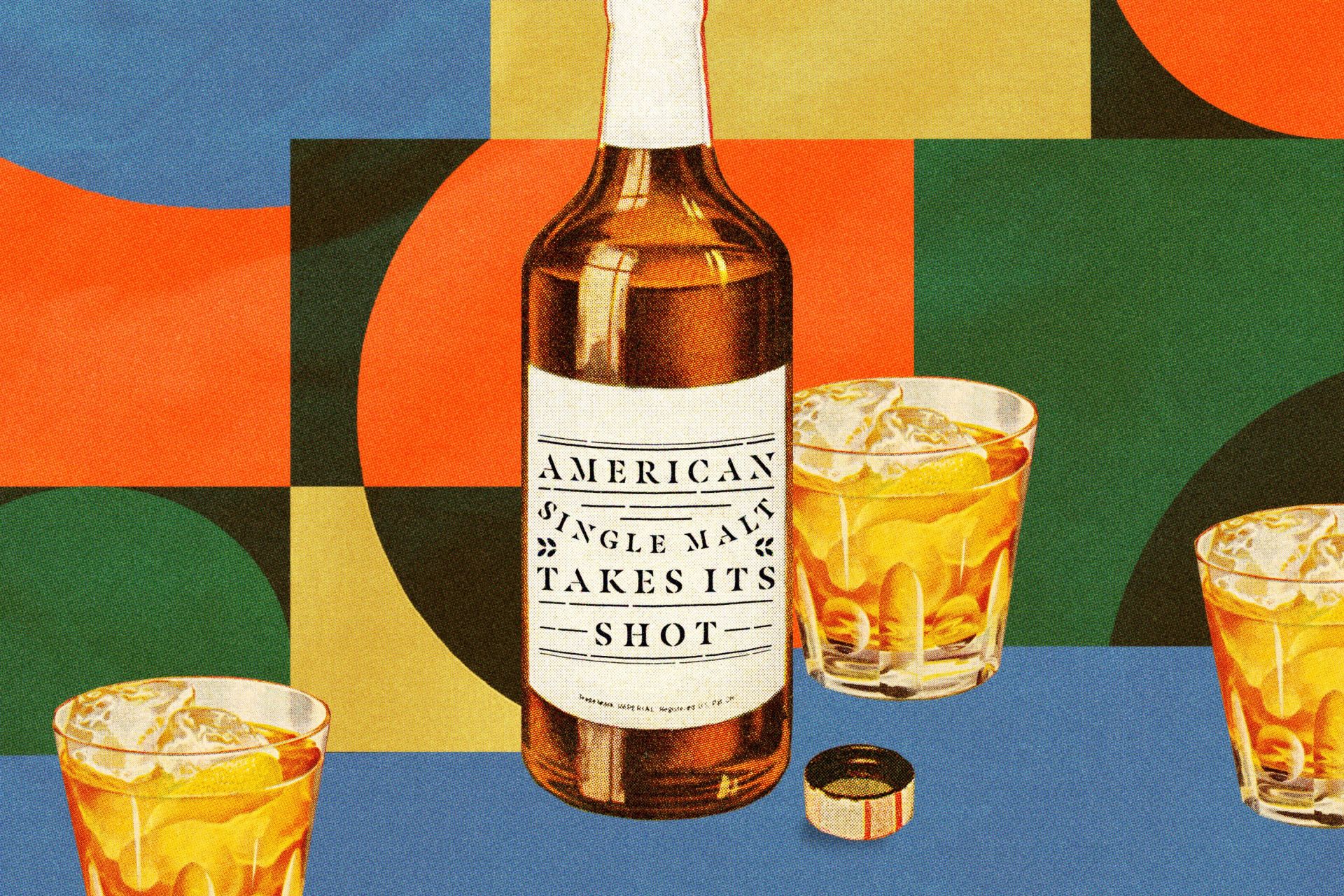 illustration of a whiskey bottle and rocks glasses on a geometric colored background