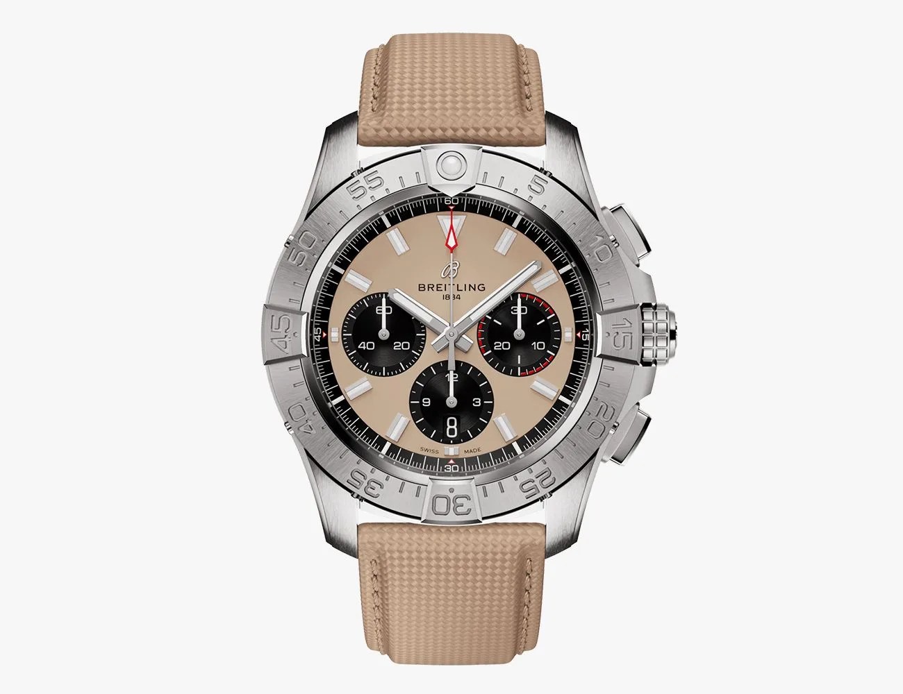 a silver watch with a khaki colored strap