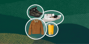 collage of hiking boots, a kayak, a jacket, and a cup