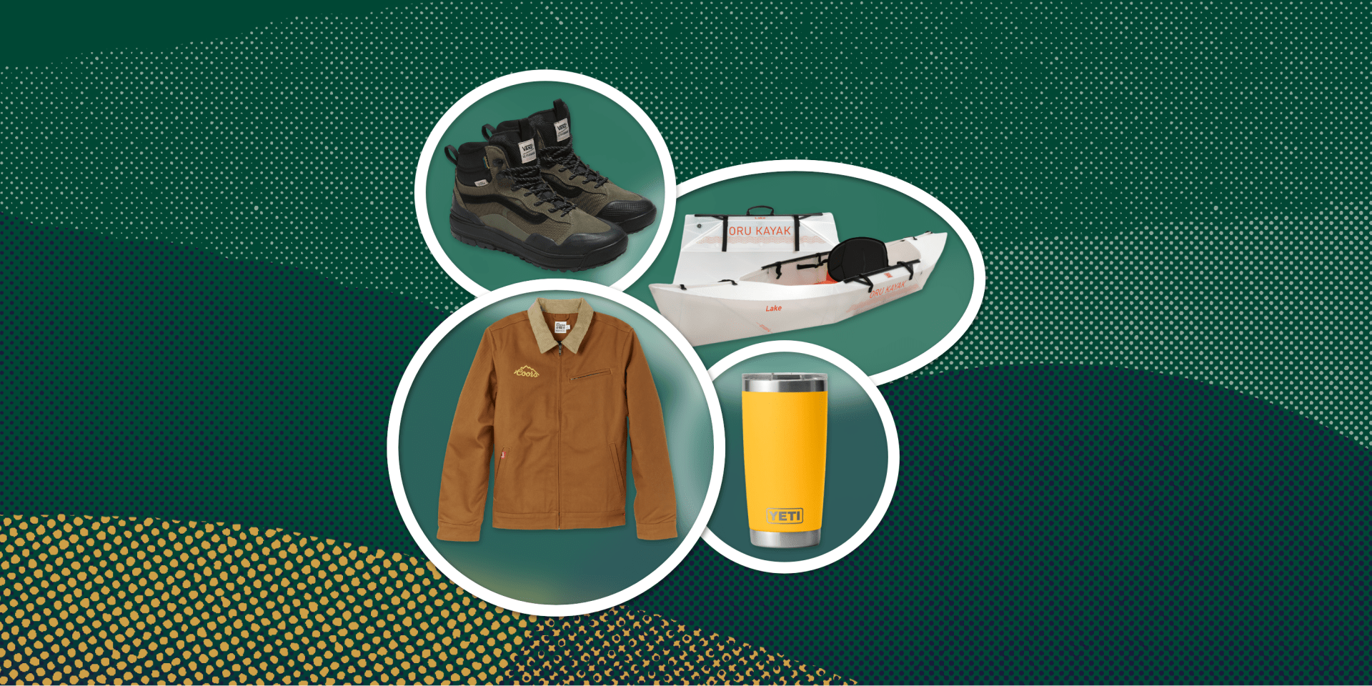 collage of hiking boots, a kayak, a jacket, and a cup