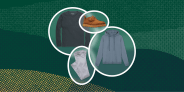 collage of a long sleeved shirt, a hoodie, jeans, and a shoe