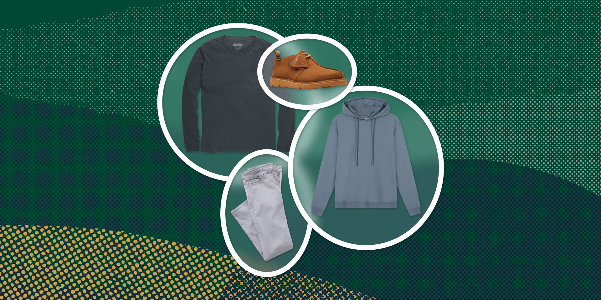 collage of a long sleeved shirt, a hoodie, jeans, and a shoe