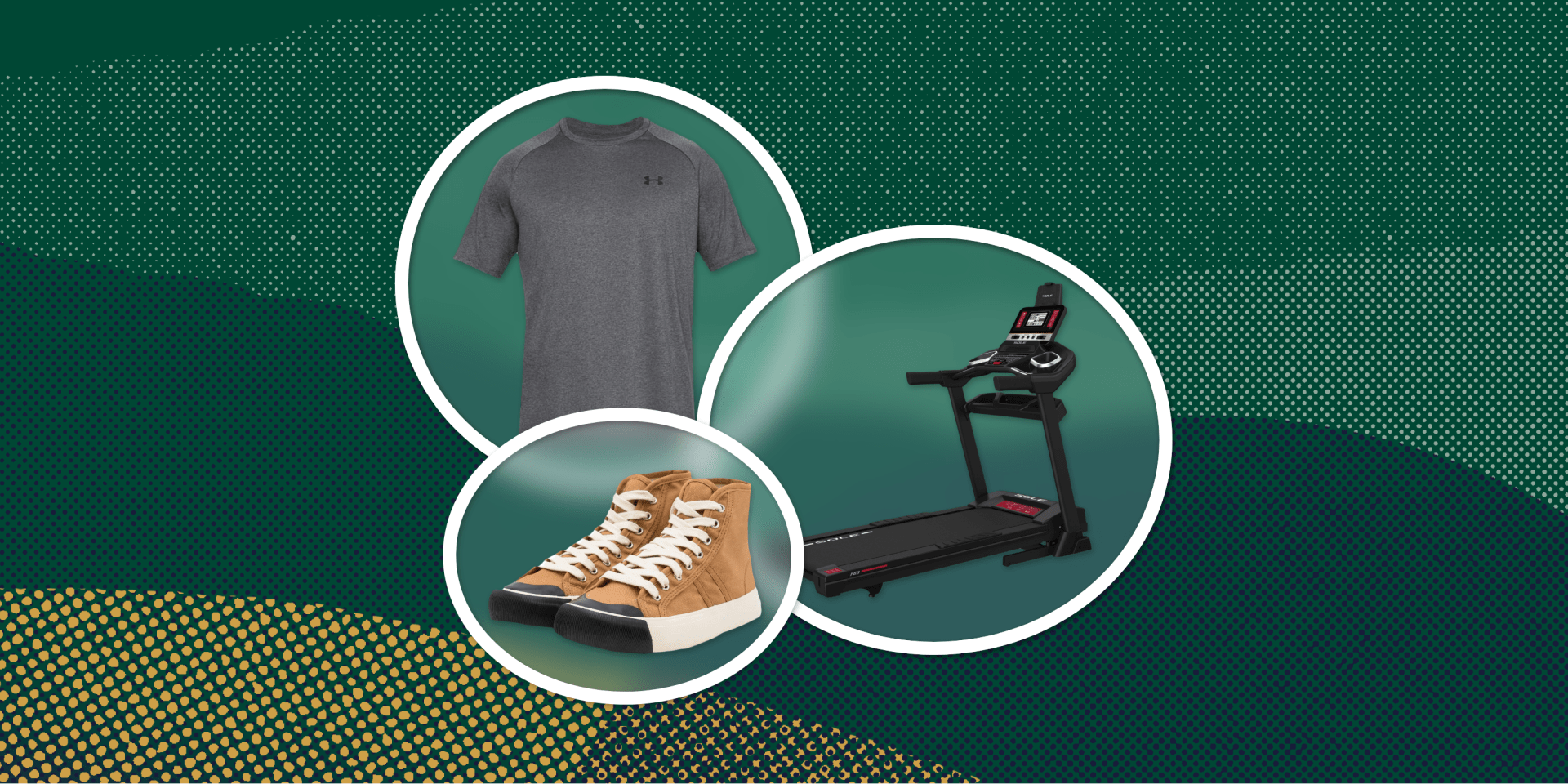 collage of a tshirt, a pair of shoes, and a treadmill