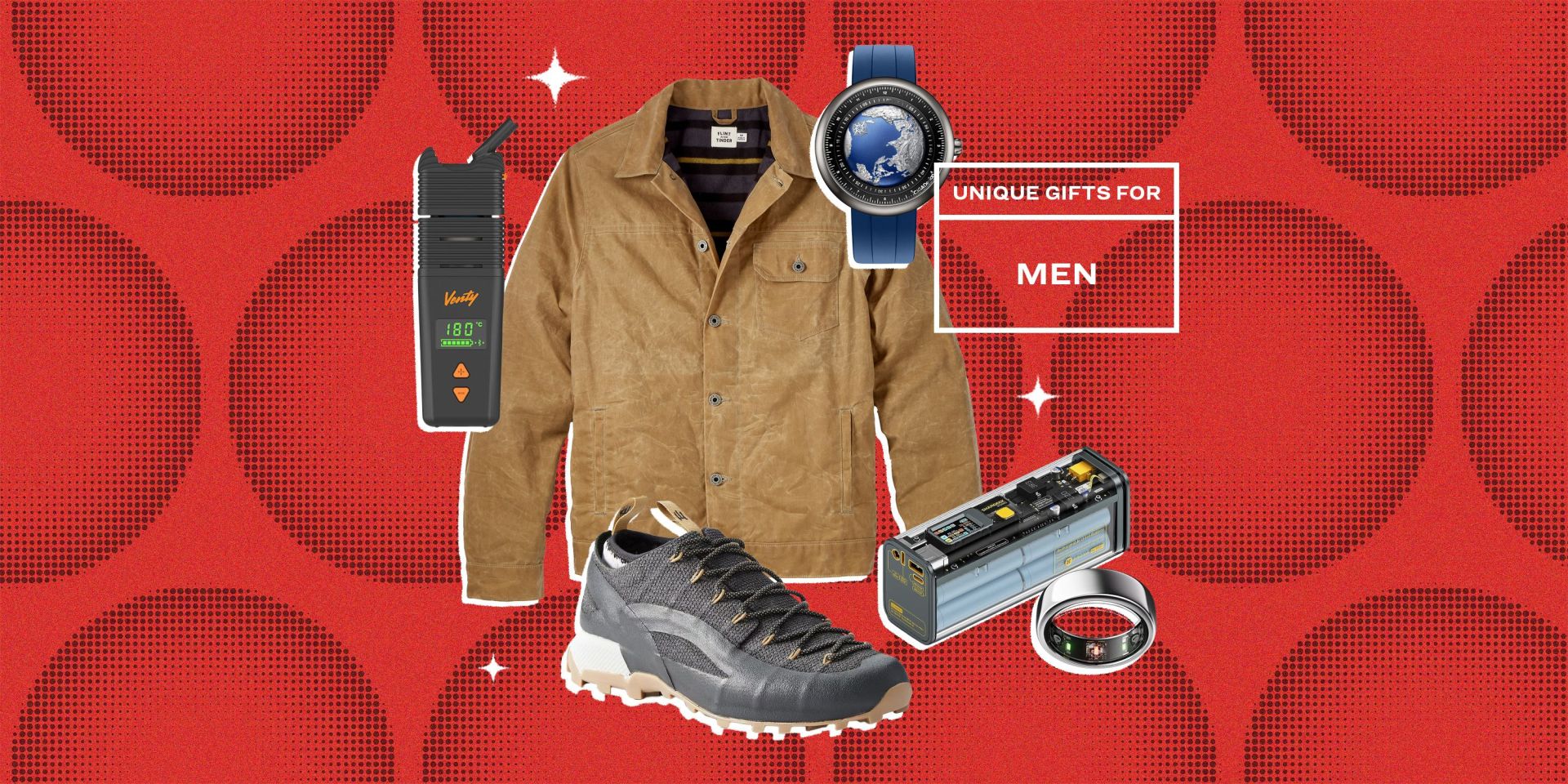 collage of a vape, a jacket, a watch, a shoe, a portable charger, and a ring