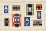 collage of watches on a grid background