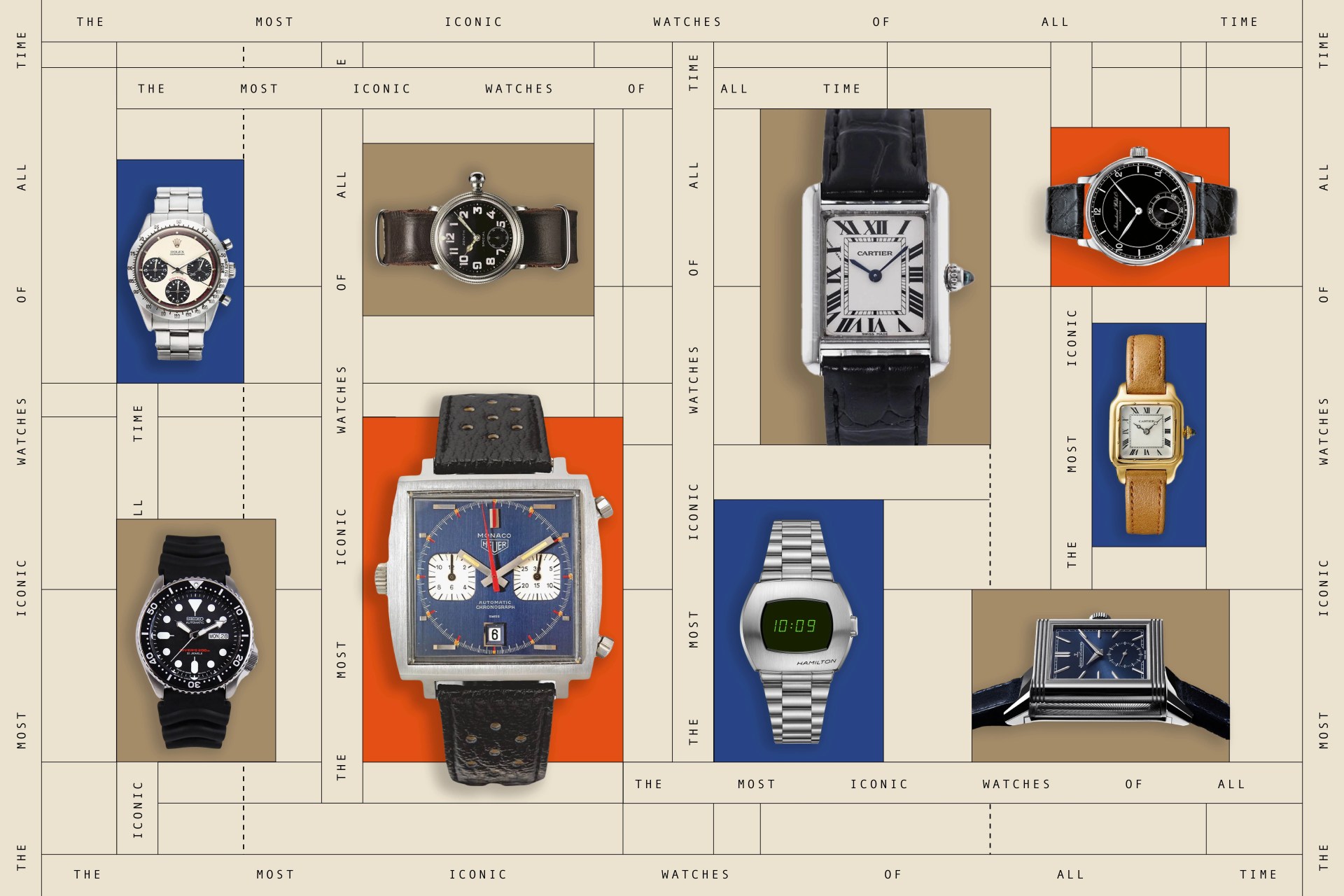 collage of watches on a grid background