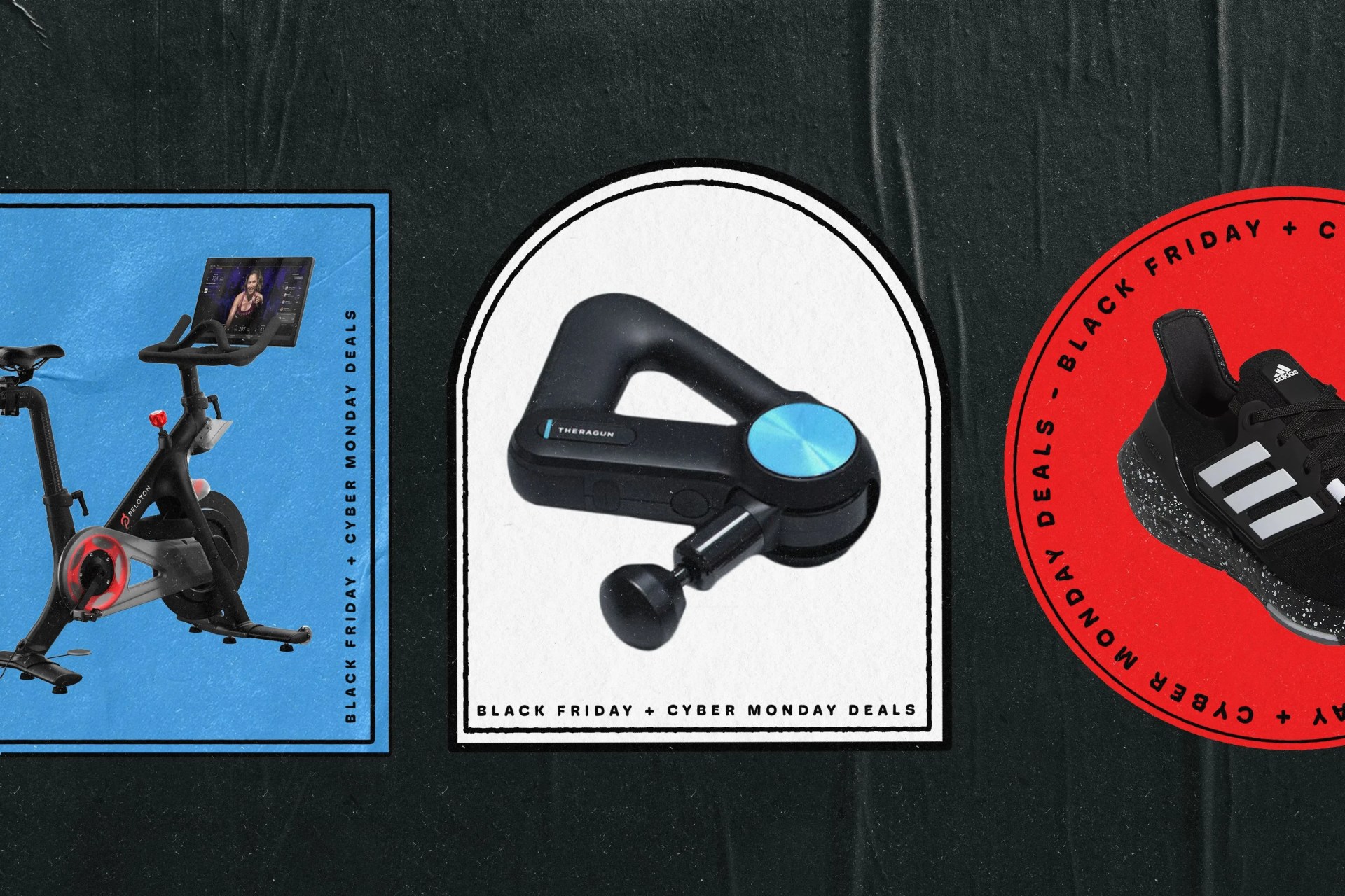 a peloton, a massage gun, and a shoe on colored backgrounds