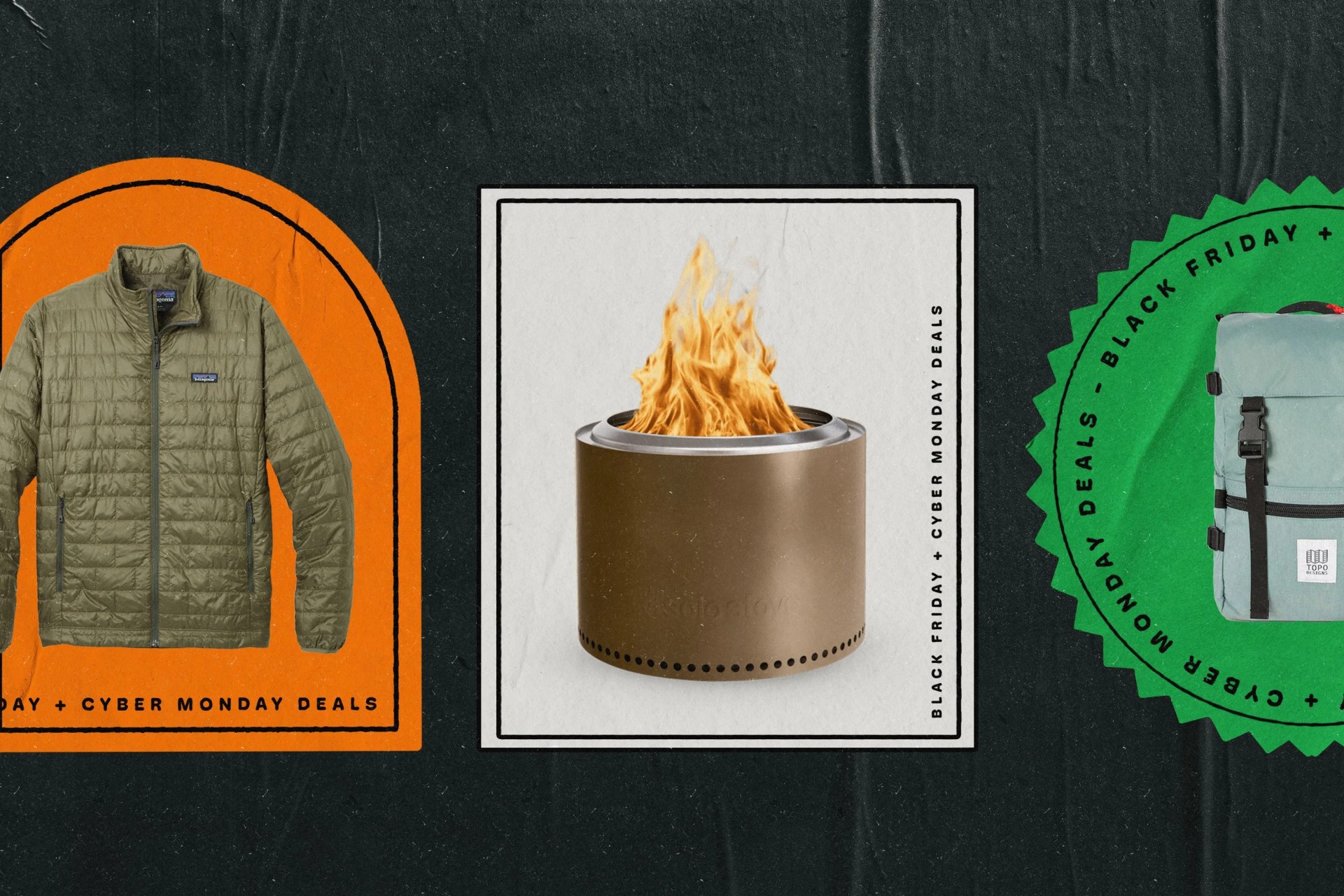 a jacket, a fire pit, and a backpack on block color backgrounds