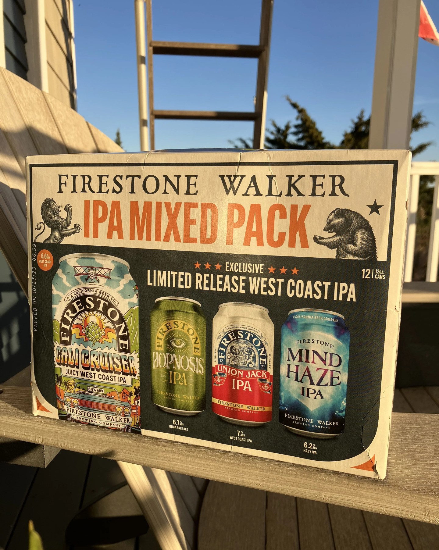 case of beer on a sunny deck