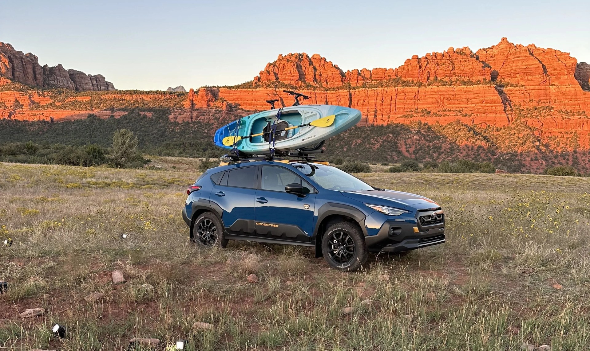 a car with a boat on top of it in a field with mountains in the background