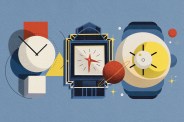 three watch illustrations on a blue background