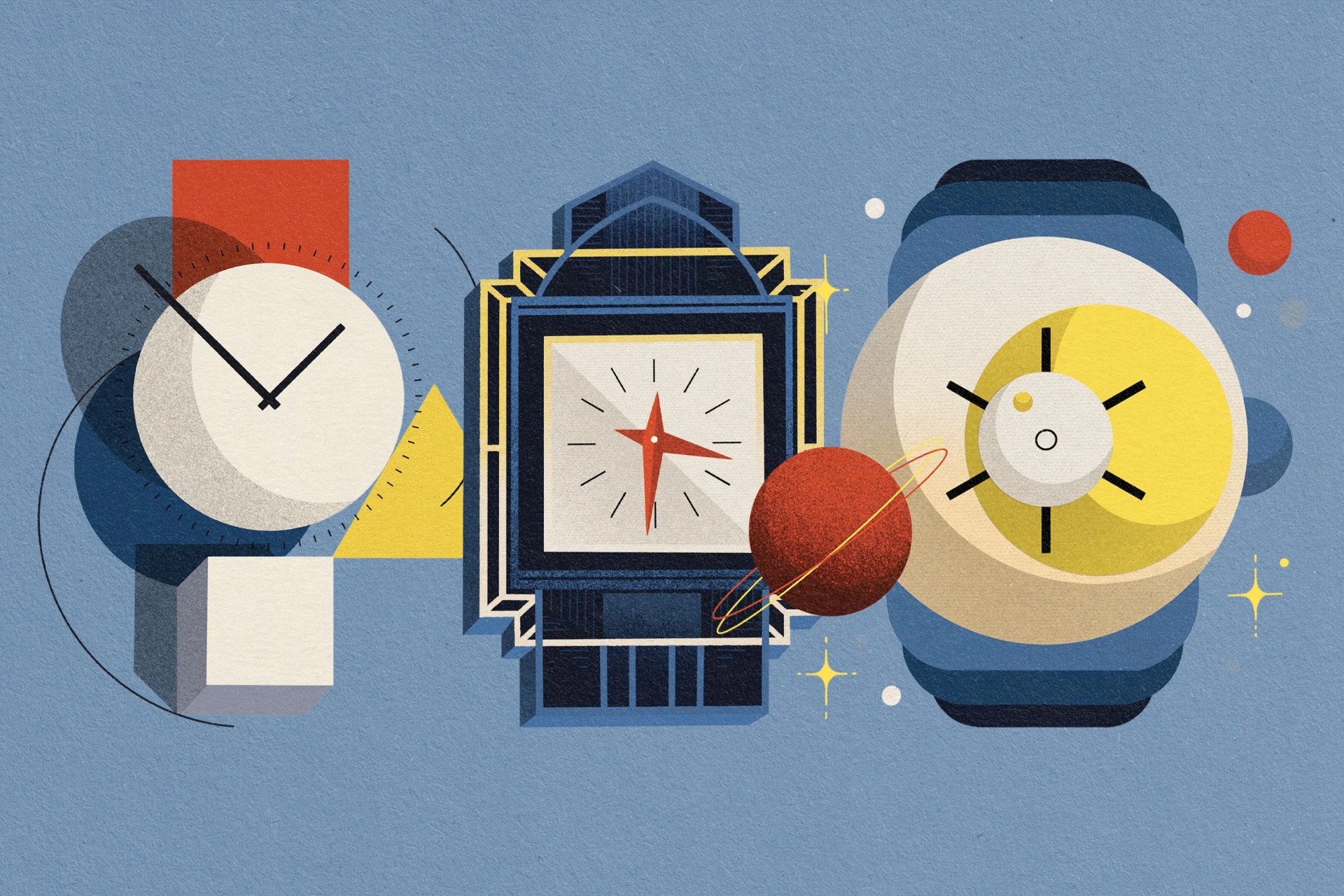 three watch illustrations on a blue background
